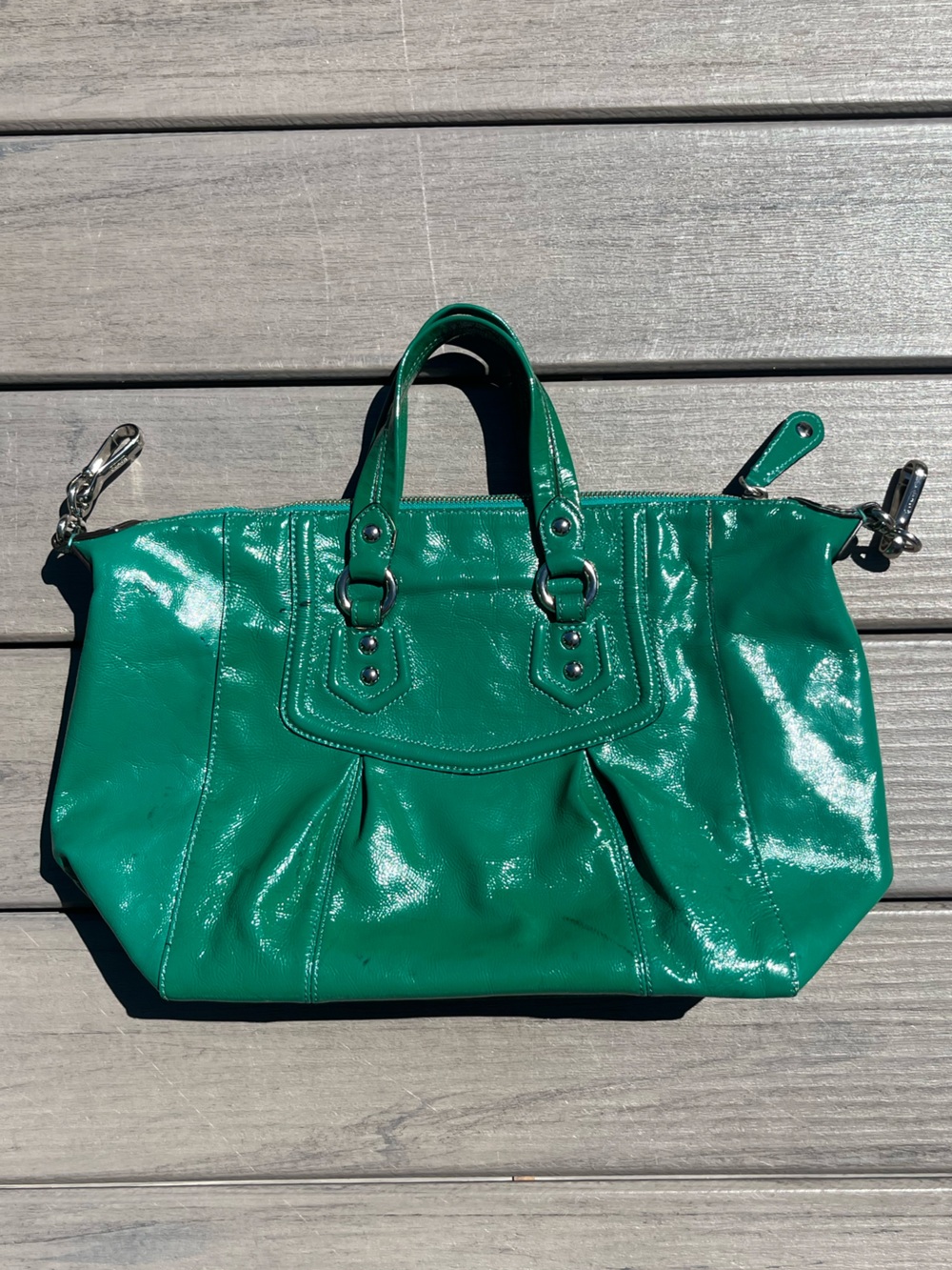 Coach; Emerald Green; Patent Leather; Duel Handle; Medium Satchel; Minimal Wear - Picture 8 of 15